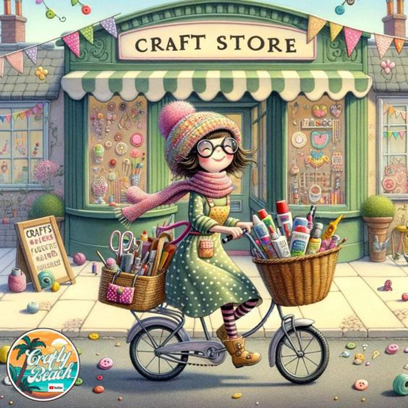 Girl on bike carrying craft baskets outside craft store with decorative windows and bunting