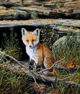 Painting of a red fox kit sitting near a rocky den entrance surrounded by grass and branches