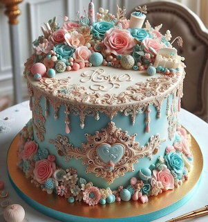 Pastel blue decorated cake with sugar roses, gold piping, and ornate drip icing