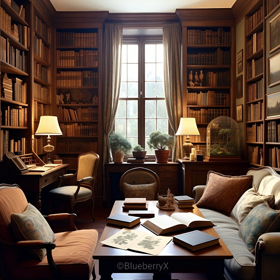Cozy home library with wooden bookshelves, armchairs, desk, and natural window light