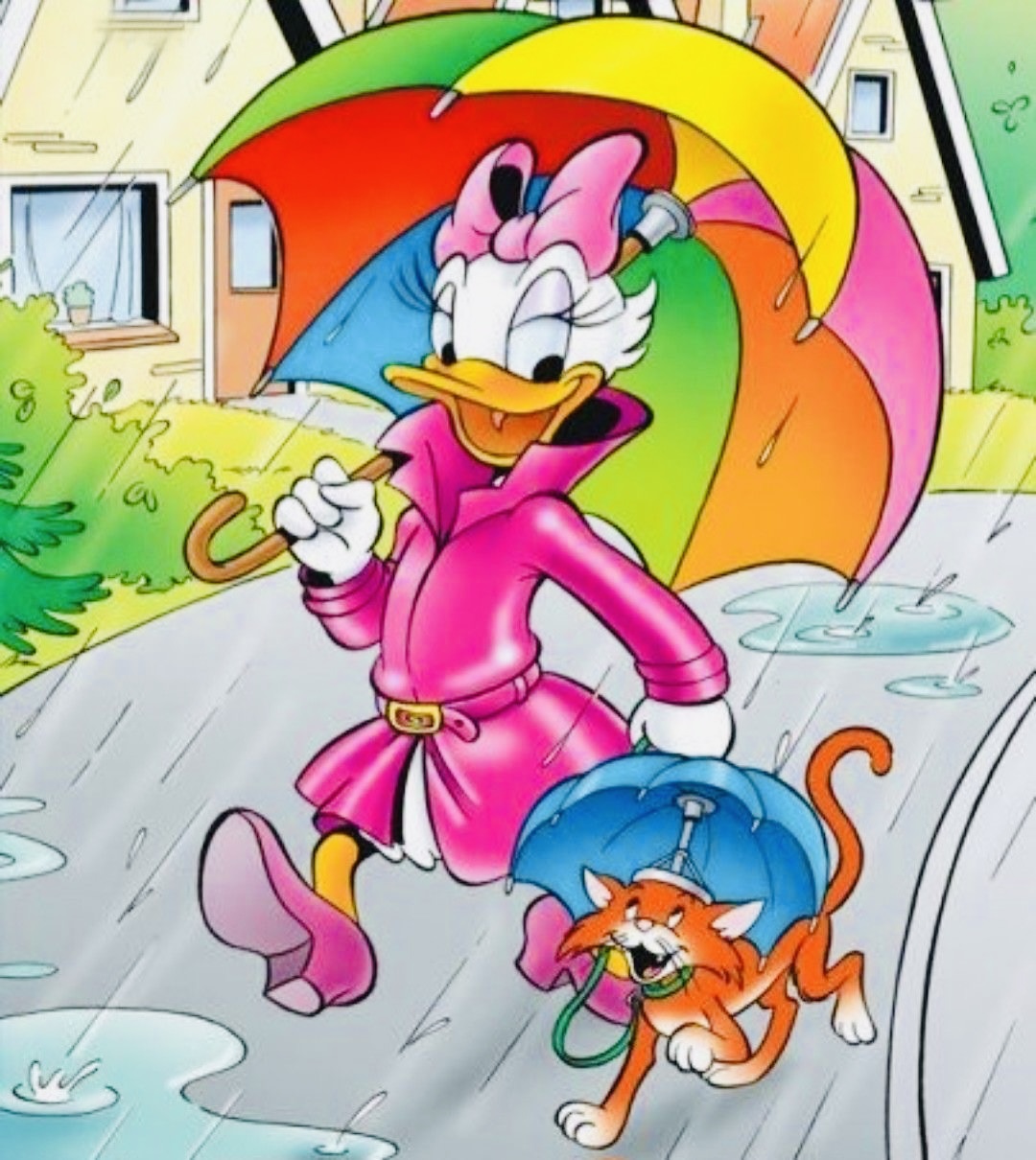Daisy Duck holding rainbow umbrella walking in rain with orange cat