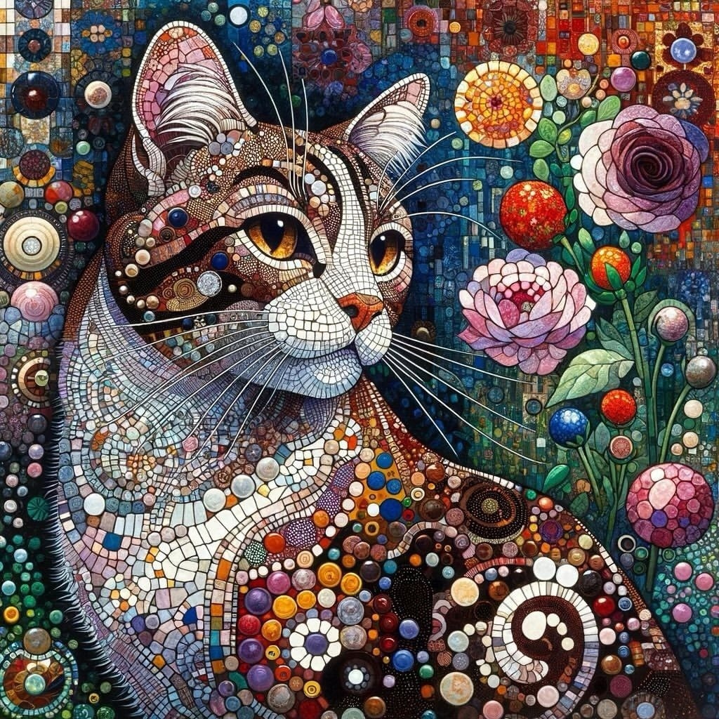 Colorful mosaic cat portrait with flowers and swirling abstract patterns