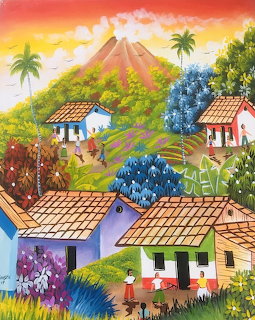 Folk art painting of tropical village houses with red roofs, lush vegetation, and volcano at sunset