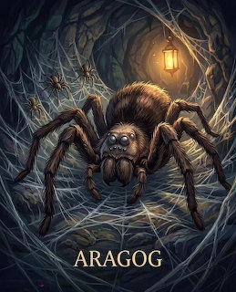 Illustration of a giant spider named Aragog in a dark cave filled with webs and lit by a lantern