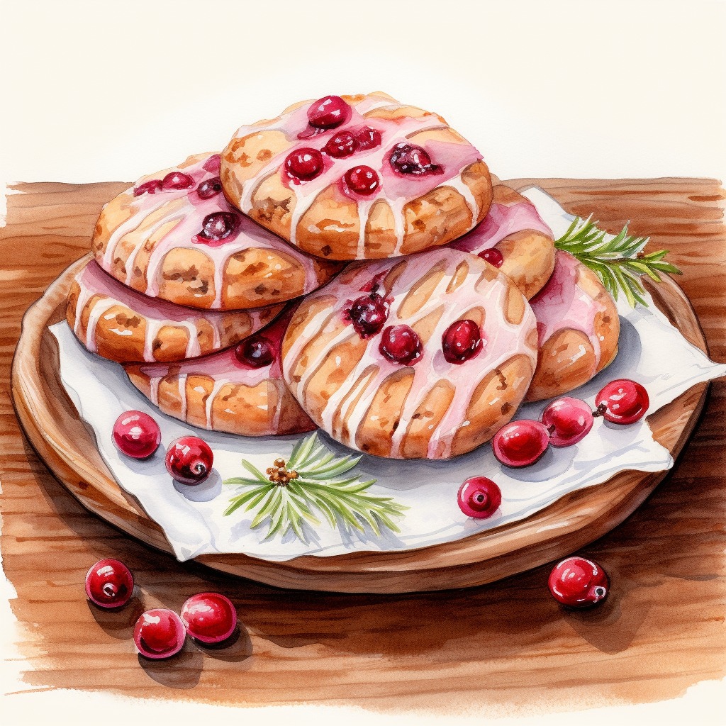 Stack of iced cookies with cranberries and rosemary garnish on a rustic wooden board