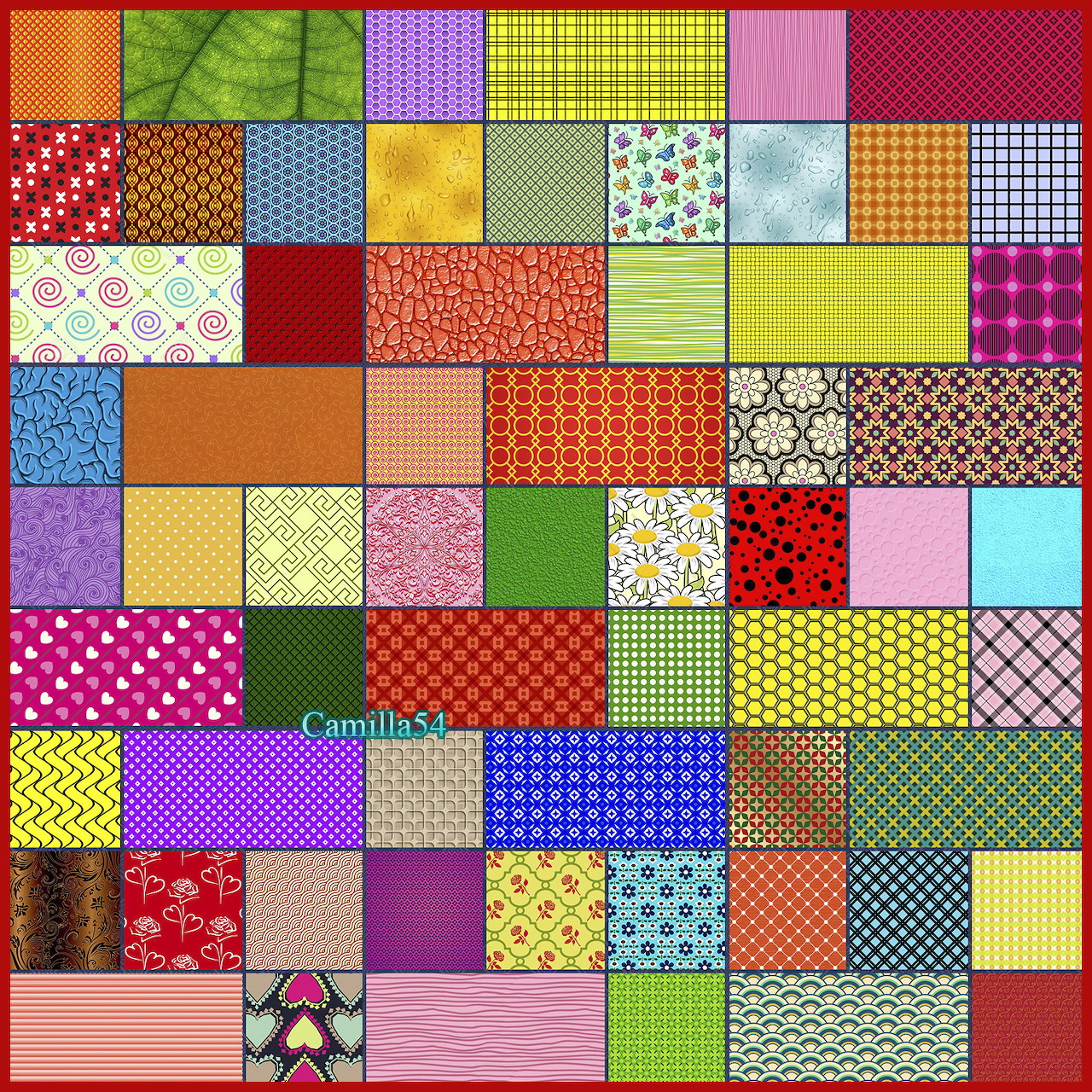 Colorful grid of 100 fabric pattern squares in various designs including dots, flowers, stripes, and geometric shapes