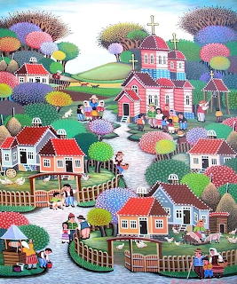 Colorful folk art painting showing a quaint village with houses, church, trees, and people along winding paths
