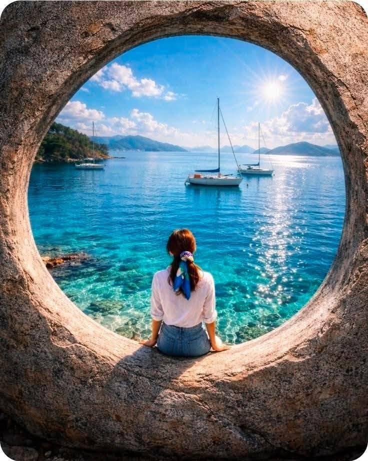 Woman seen through a circular stone arch looking at a turquoise bay with sailboats