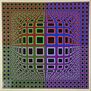 Colorful geometric grid with optical illusion of sphere bulging outward, squares in rainbow gradient from green to purple