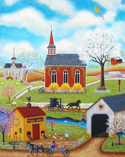 Colorful folk art painting of rural village with red church, covered bridge, wagon, and pastoral landscape