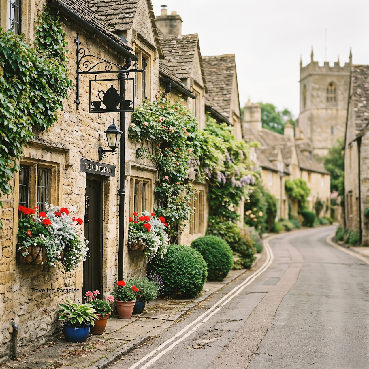 Stone cottages with ivy and flowers on a quiet English village street with church tower background