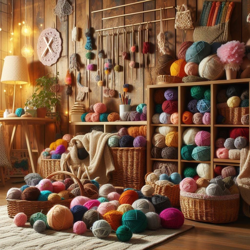 Cozy room with colorful yarn balls in baskets and shelves, warm lighting, wooden walls and vintage decor
