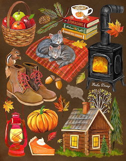 Illustrated autumn collage with cats, wood stove, log cabin, pumpkin pie, boots, lantern, and fall leaves