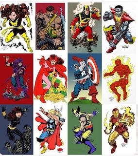 Grid collage of twelve Marvel superhero illustrations in comic book style showing heroes in dynamic action poses