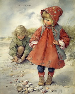 Vintage illustration of two children collecting seashells on a sandy beach