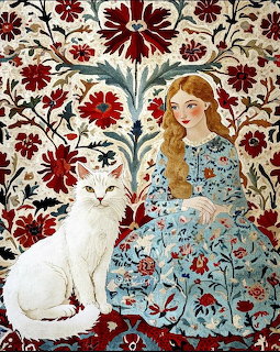 Illustration of woman in blue floral dress with white cat against red and cream floral background