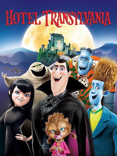 Hotel Transylvania animated characters grouped together with castle and full moon in background