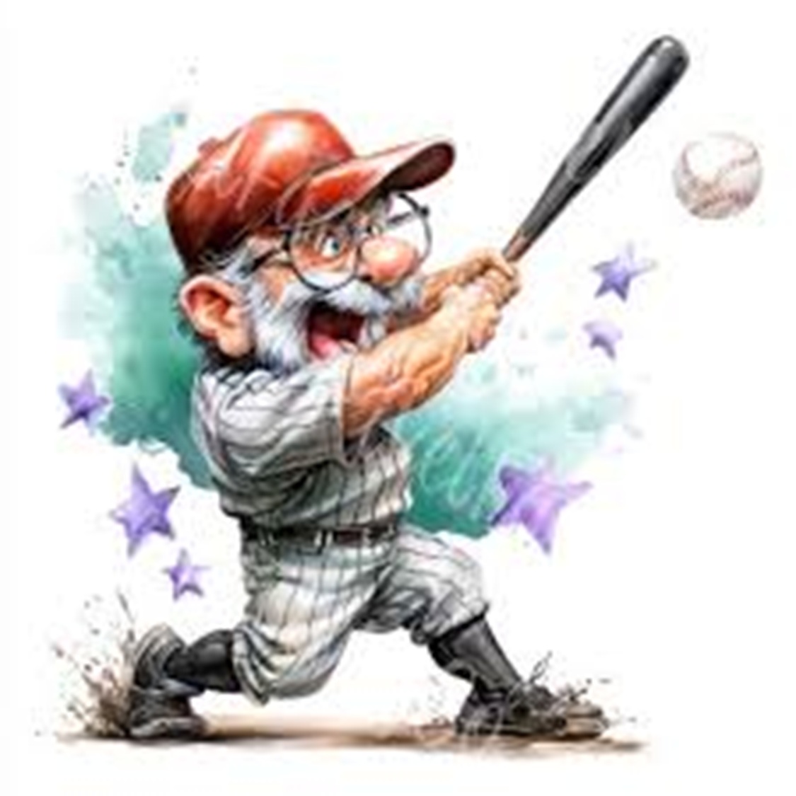 Cartoon baseball player in a pinstripe uniform swinging a bat at a ball
