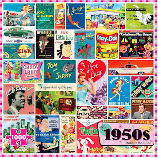 Colorful collage of 1950s vintage ads, magazine covers, toys, and pop culture graphics
