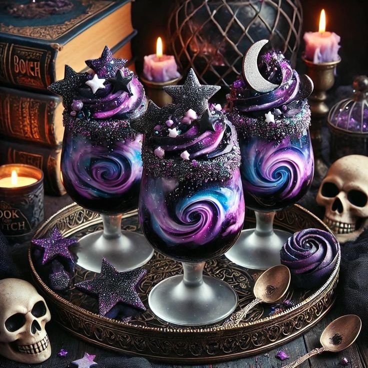 Purple and blue galaxy-themed drinks with cosmic swirled frosting, moon and star decorations, surrounded by candles and skulls