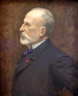 Oil painting self-portrait of elderly bearded man in dark suit shown in profile view