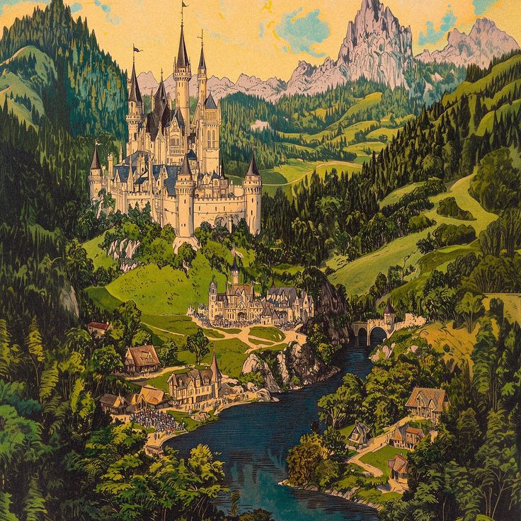 Fantasy castle on a green valley with river, forests, and mountains