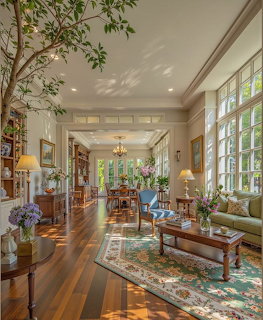 Sunlit elegant living room with tall windows, wood floors, floral rug, and classic furniture