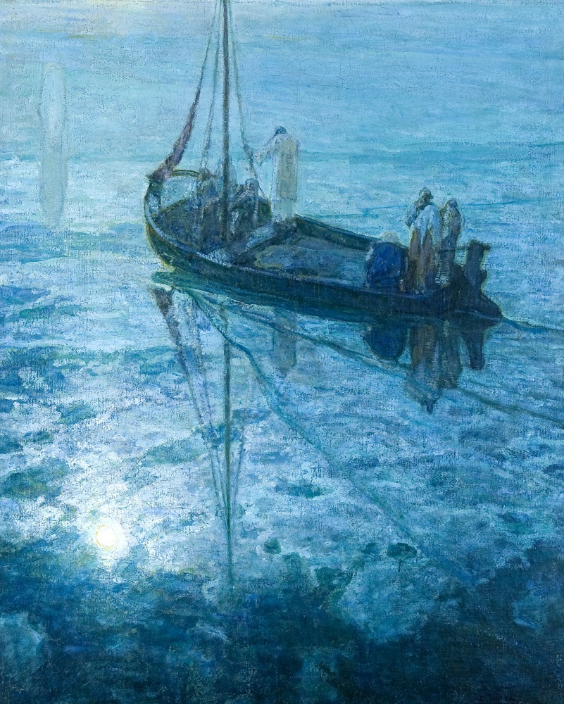 Blue painting of a small boat with figures on reflective water