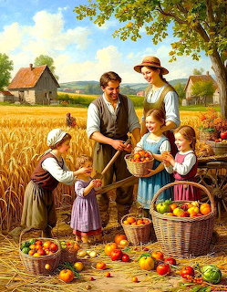 Family of five harvesting apples in a sunny wheat field with baskets of fruit and a farmhouse behind them