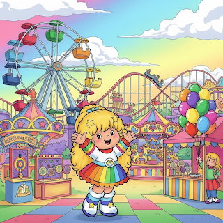 Cartoon girl at a colorful fairground with Ferris wheel, roller coaster, tents, and balloons