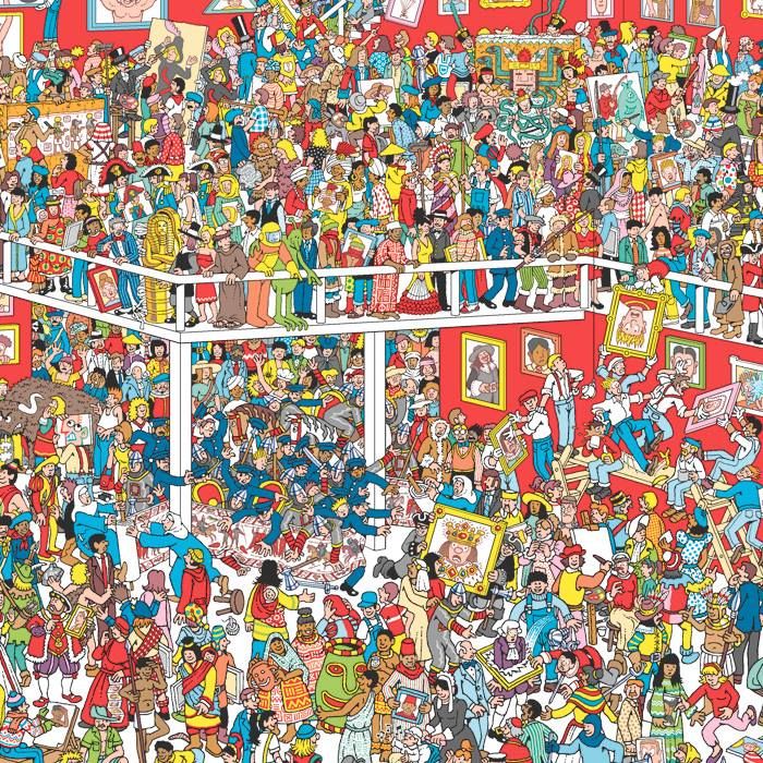 Busy cartoon crowd scene with many people in colorful rooms and on balconies