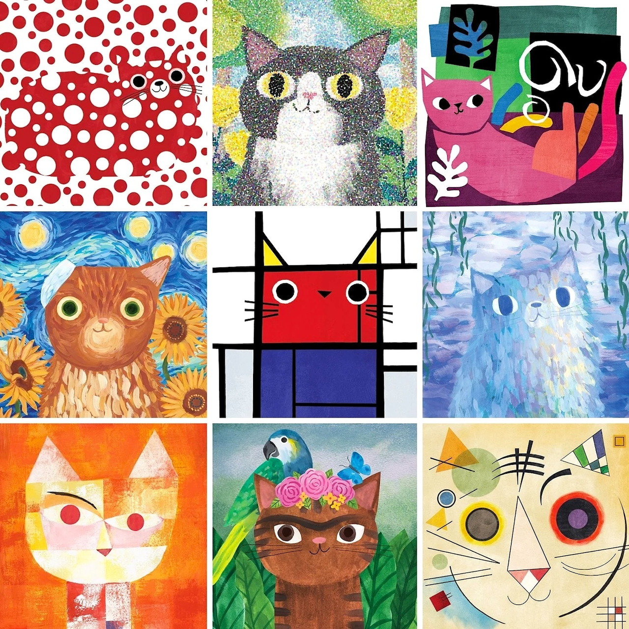 Grid of nine artistic cat portraits in different styles including abstract, geometric, and whimsical illustrations