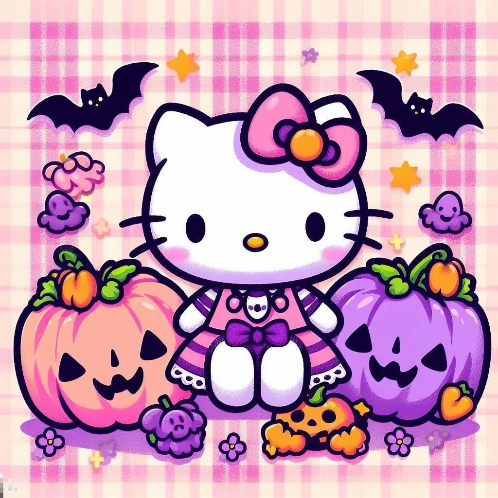 Hello Kitty in purple Halloween outfit surrounded by orange and purple pumpkins, bats, and candy on checkered background
