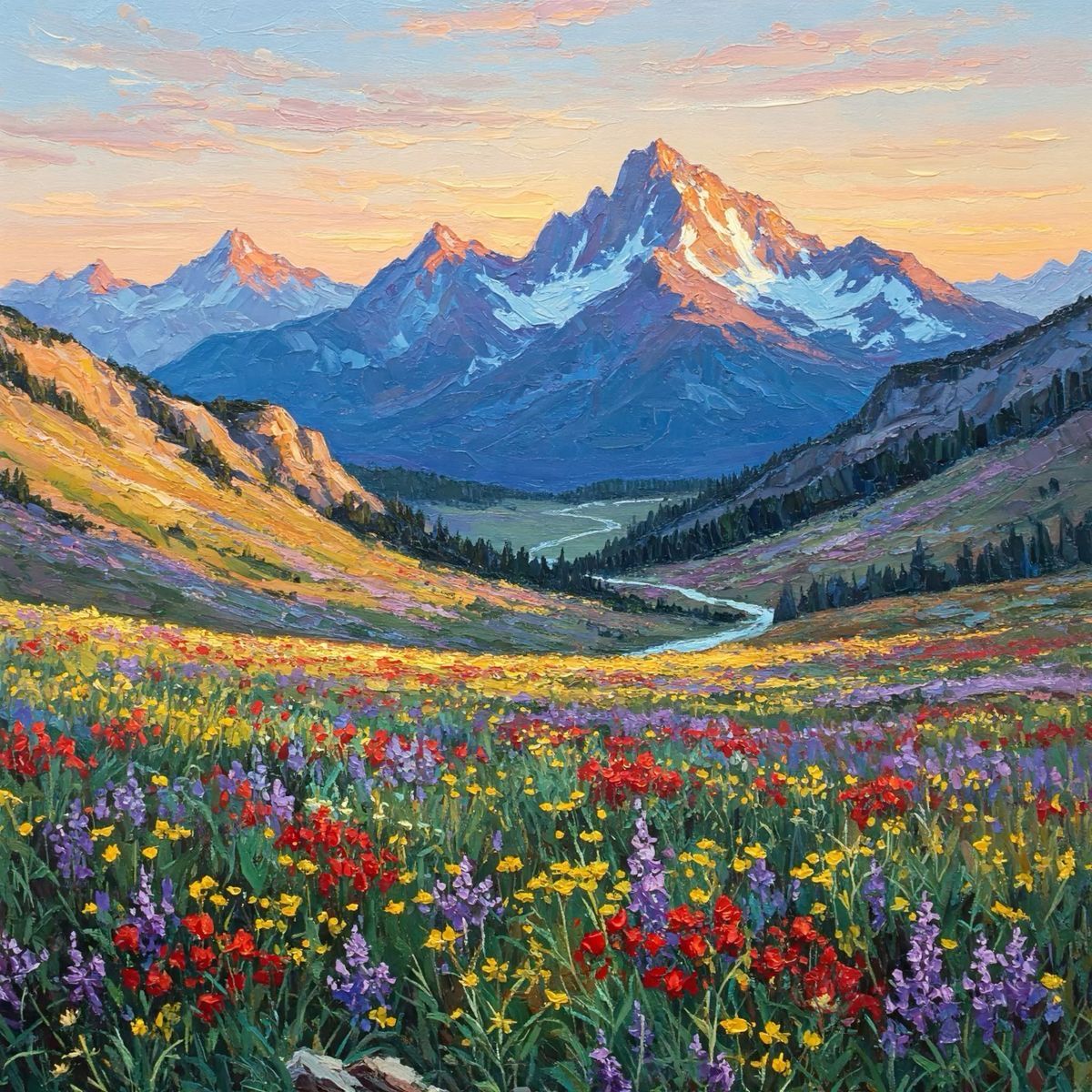 Colorful wildflower meadow with purple, red, and yellow blooms below majestic snow-covered mountain peaks at golden hour
