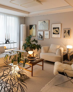 Cozy modern living room with cream furniture, indoor plants, warm lighting, and gallery wall art