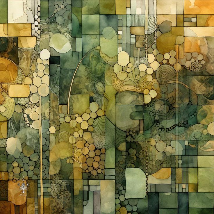 Abstract art with geometric shapes, circles, and mosaic patterns in green and yellow tones