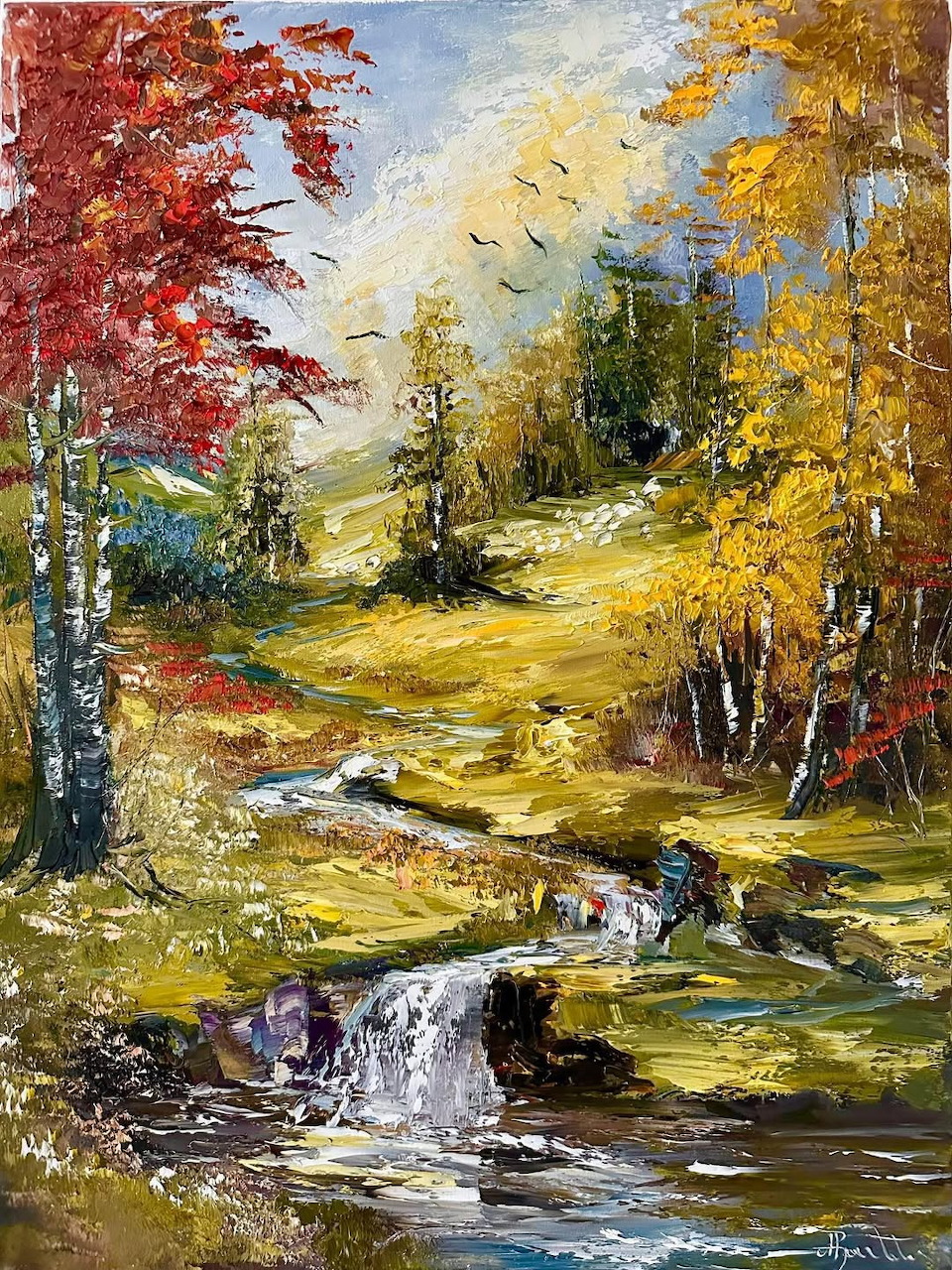 Oil painting of a stream flowing through an autumn forest with red and yellow foliage