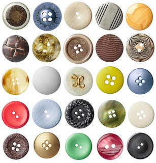 Grid of 25 vintage sewing buttons in assorted colors, patterns and materials