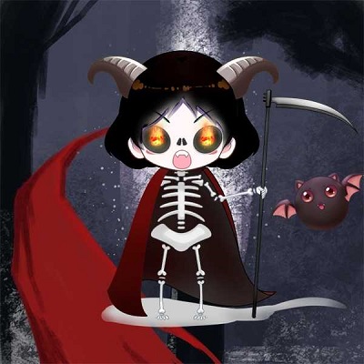 Chibi skeleton with horns, red cape, scythe, and a small bat in a dark forest setting