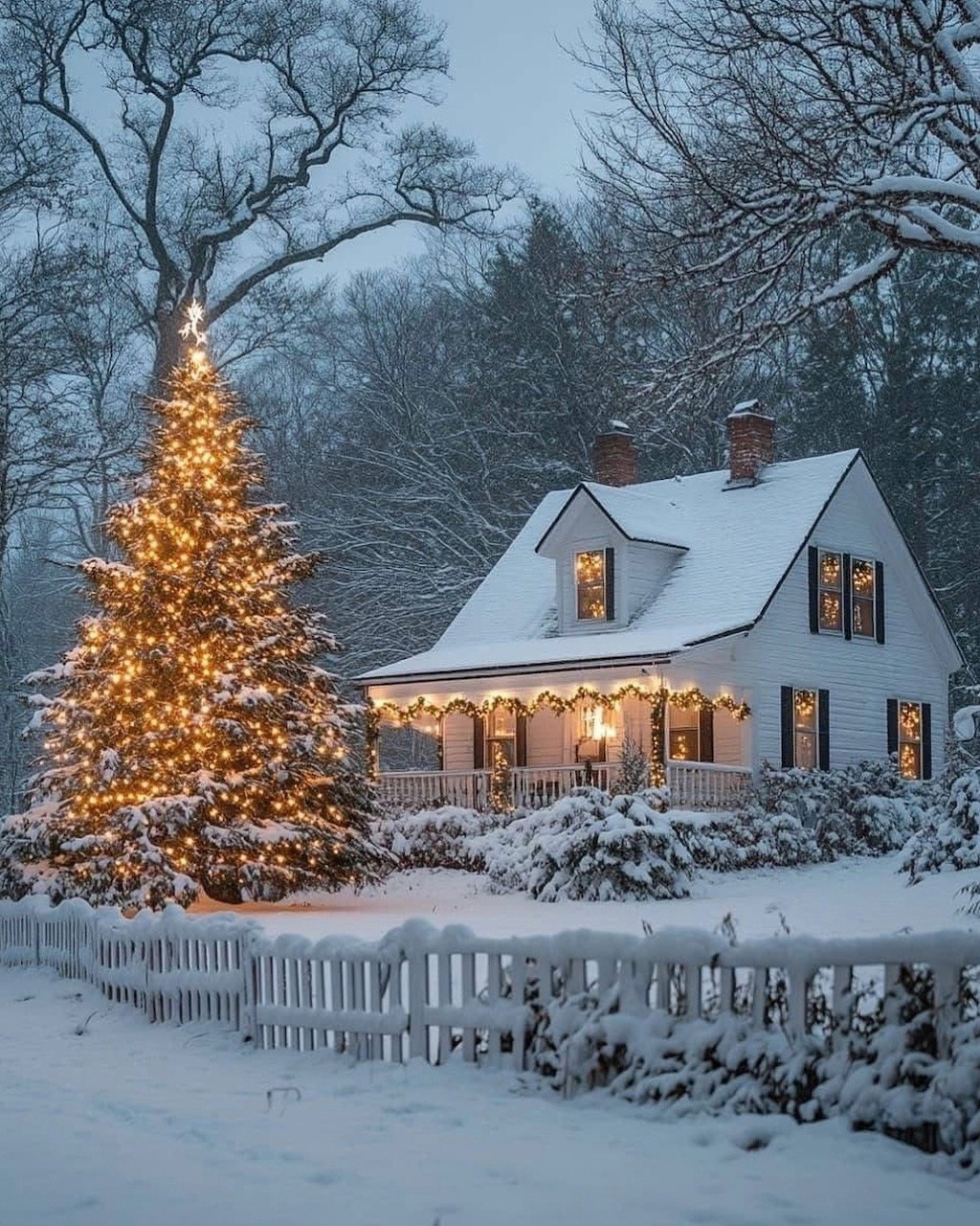 Snow-covered house with lit Christmas tree and white picket fence in a winter landscape