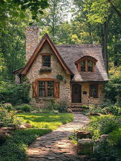 Small stone cottage with peaked roof surrounded by dense green forest and sunlit clearing