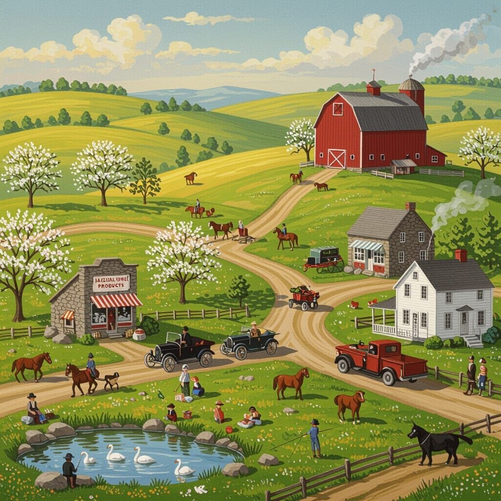 Illustrated country farm with barn, farmhouse, animals, trees, and rolling hills