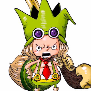 Chibi-style ONE PIECE character wearing green crown and purple goggles with angry expression