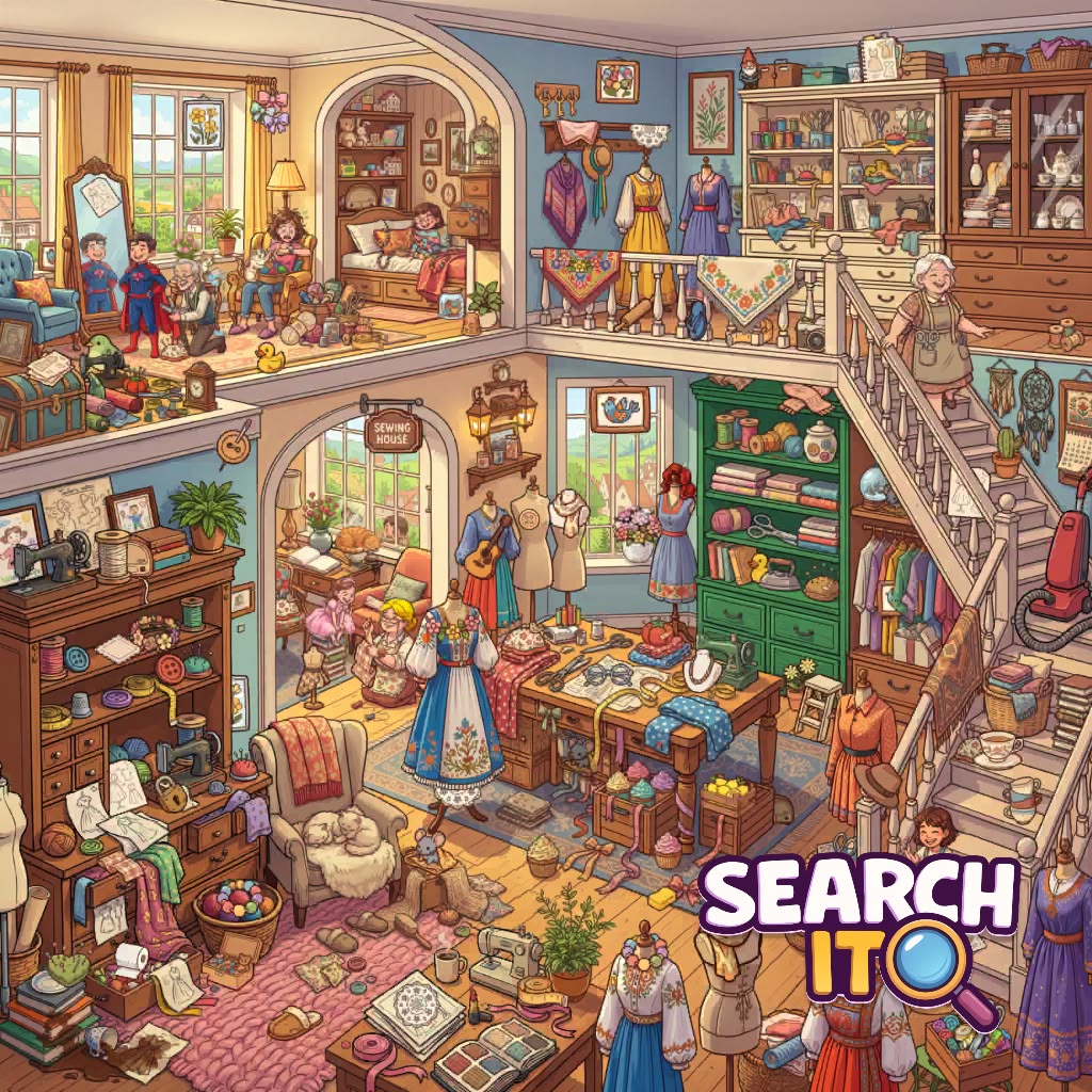 Detailed illustration of a busy two-story sewing workshop with seamstresses, fabrics, and craft supplies