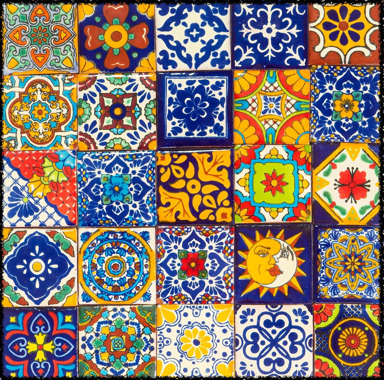 Collage of colorful Spanish Mediterranean ceramic tiles with geometric and floral patterns in vibrant blue, yellow, and orange