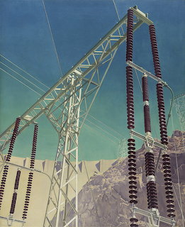 Precisionist painting of electrical towers, insulators, and a dam with power lines against a blue sky