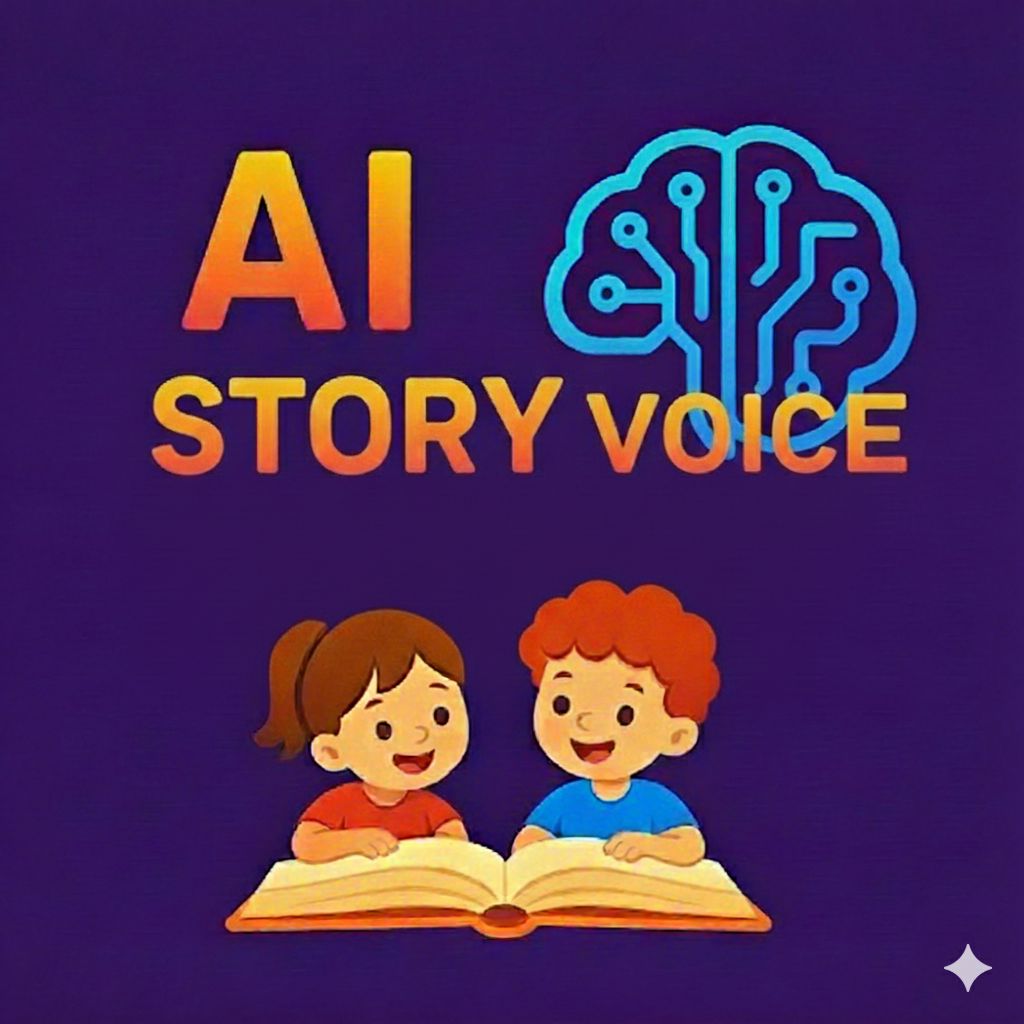 Cartoon of two children reading a book under the text AI STORY VOICE on a purple background