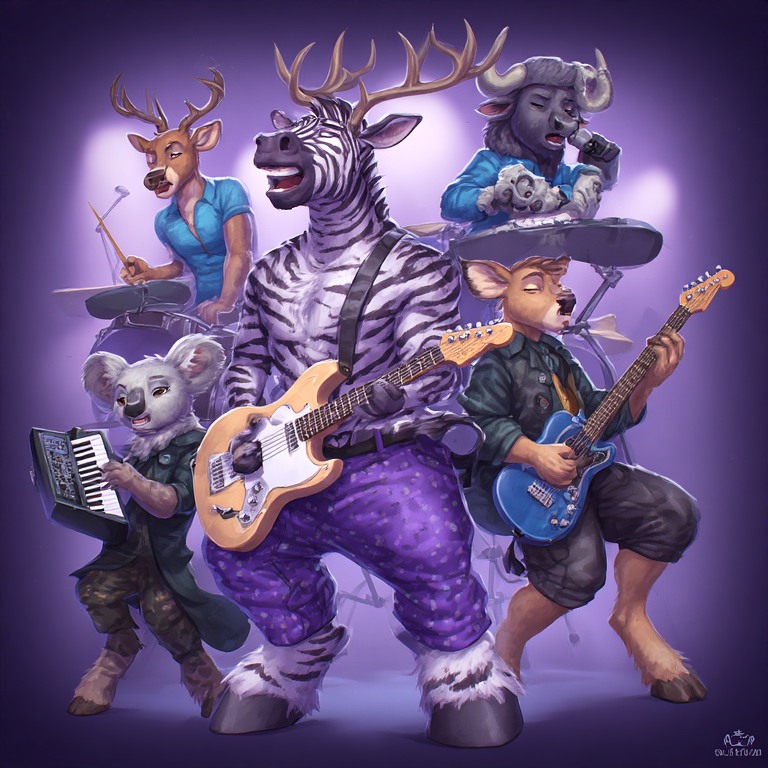 Illustration of anthropomorphic animals performing in a band with guitars, drums, and keyboard