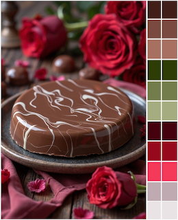 Chocolate cake with white icing drizzle on plate, surrounded by red roses