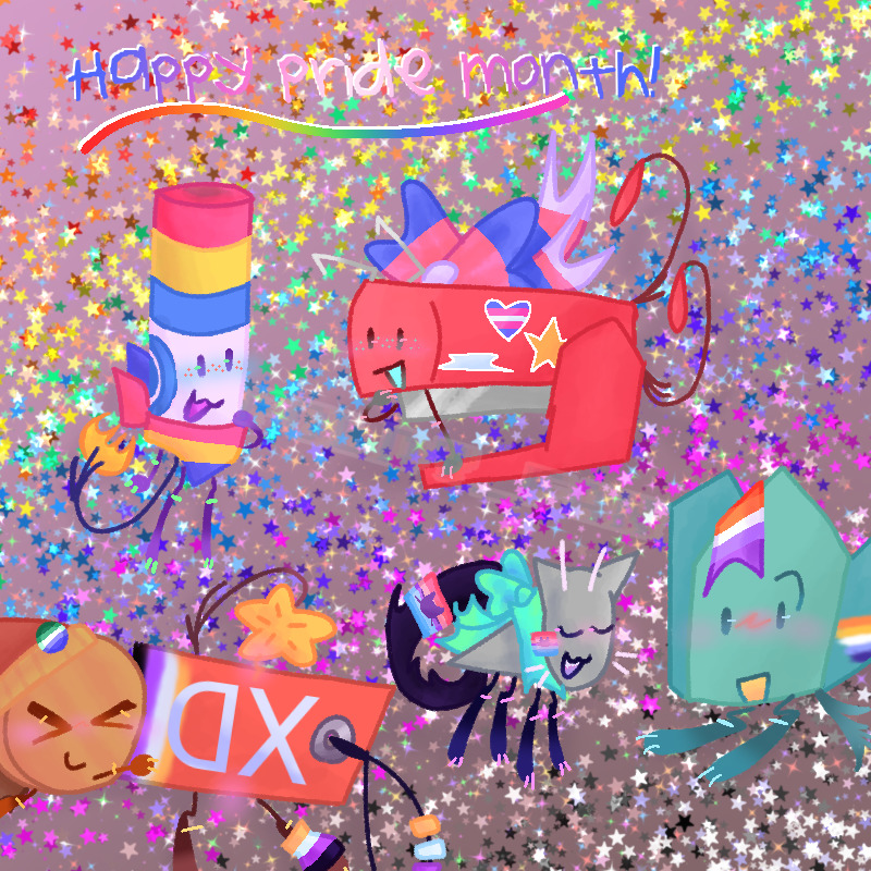 Animated BFDI characters with pride flags and confetti on purple sparkly background
